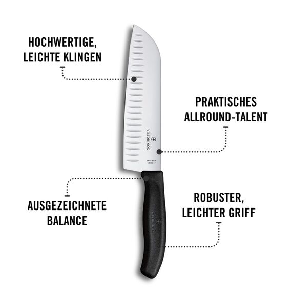 Victorinox Swiss Classic Santokumesser, Messer Asiatischer Art, Extra Scharfe Klinge, Kullenschliff, 17 cm, Rostfreier Stahl, Blister, Schwarz