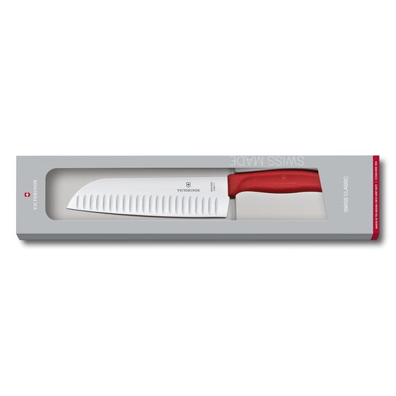 Victorinox Swiss Classic Santokumesser, Messer Asiatischer Art, Extra Scharfe Klinge, Kullenschliff, 17 cm, Rostfreier Stahl, Geschenkverpackung, Rot