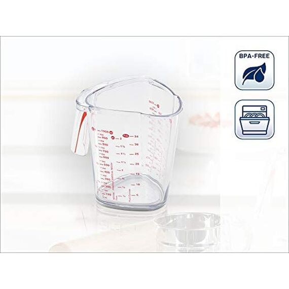 Leifheit Messbecher 1L, mit mehrsprachigen Messskalen für Mehl, Zucker und Flüssigkeiten, gummierter Boden, spülmaschinengeeignet, ideal zum Backen und Kochen, measuring cup, Messkanne