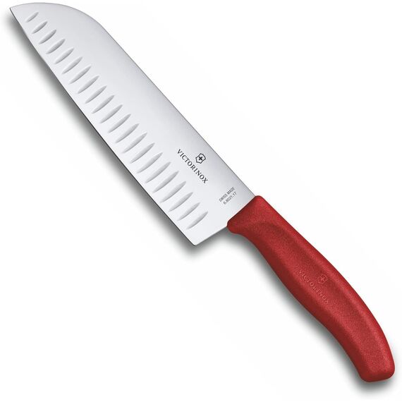 Victorinox Swiss Classic Santokumesser, Messer Asiatischer Art, Extra Scharfe Klinge, Kullenschliff, 17 cm, Rostfreier Stahl, Geschenkverpackung, Rot