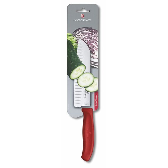 Victorinox Swiss Classic Santokumesser, Messer Asiatischer Art, Extra Scharfe Klinge, Kullenschliff, 17 cm, Rostfreier Stahl, Blister, Rot