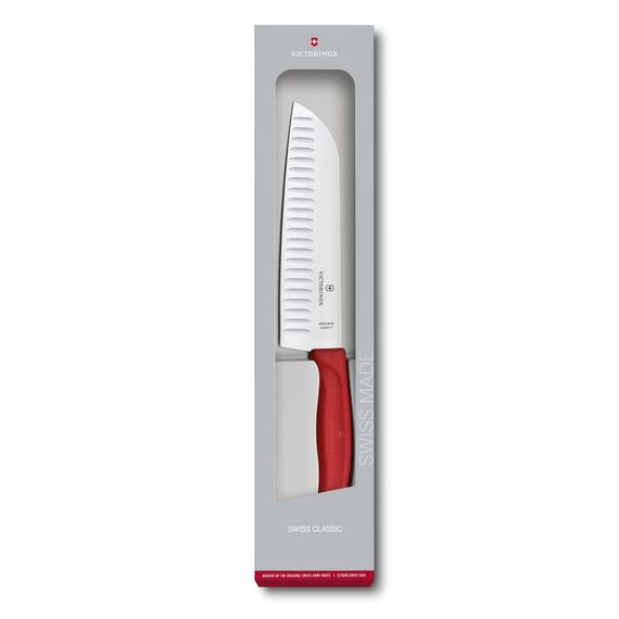 Victorinox Swiss Classic Santokumesser, Messer Asiatischer Art, Extra Scharfe Klinge, Kullenschliff, 17 cm, Rostfreier Stahl, Geschenkverpackung, Rot