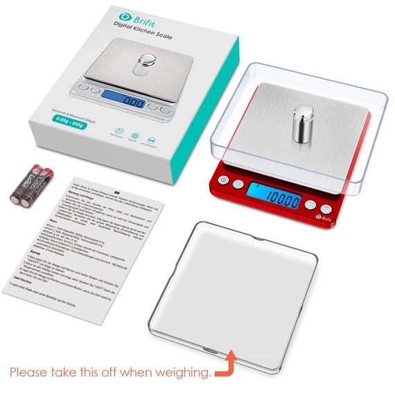 Brifit Taschenwaage 0,01g, Feinwaage 500g/0,01g Digitalwaage, Briefwaage, Grammwaage, mit EIN 100g Edelstahl Kalibriergewicht, PCS Funktion, Tara-Funktion, 6 Einheiten Konvertierung, Auto-Off (Rot)