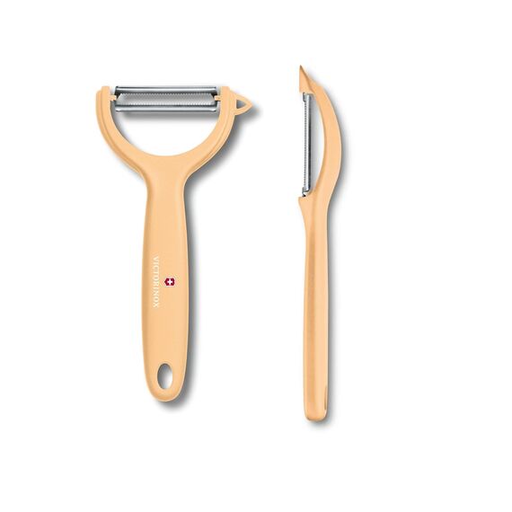 Victorinox Universalschäler Duo Pack für Obst und Gemüse - Extra scharf - Zackenschliffklinge/Zweischneidig - Ergonomischer Griff - Limited Edition Hellorange