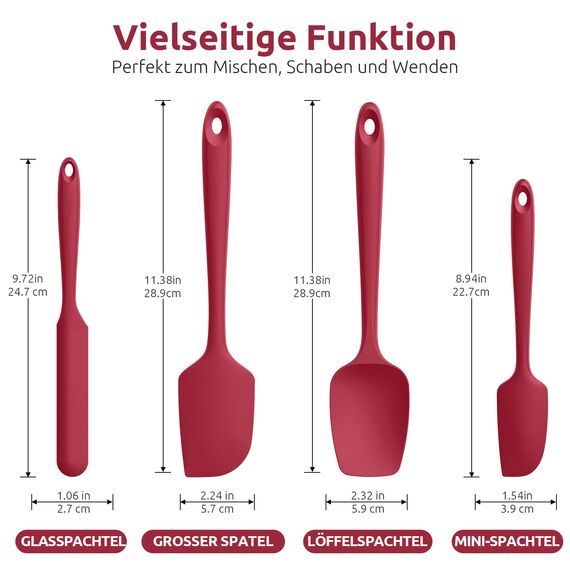 U-Taste Silikon Spatel & Teigschaber 4er Set, 315℃ Hitzebeständiger Antihaft-Gummispachtel Kuchenspatel, Nahtloses Einteiliges Design für Kochen Backen Mischen (Rot)