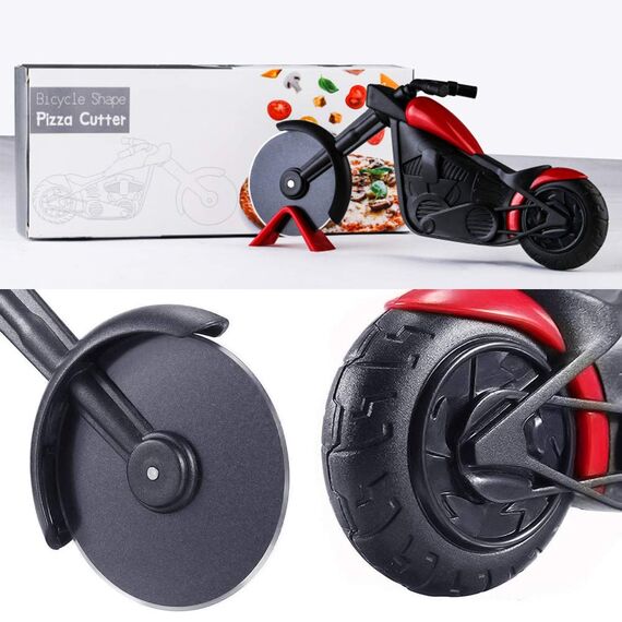 Motorrad Pizzaschneider, Lustige Pizza Schneider Edelstahl Kunststoff Pizzaroller Pizzarad Pizzamesser, Pizza Cutter mit Scharfem Schneiderad & Ständer für Weihnachten Kreativ Geschenke (Rot)