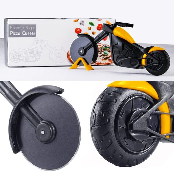 Motorrad Pizzaschneider, Lustige Pizza Schneider Edelstahl Kunststoff Pizzaroller Pizzarad Pizzamesser, Pizza Cutter mit Scharfem Schneiderad & Ständer für Weihnachten Geburtstag Geschenke (Gelb)