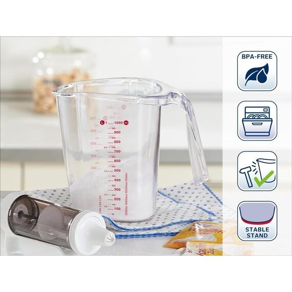 Leifheit Messbecher 1L, mit mehrsprachigen Messskalen für Mehl, Zucker und Flüssigkeiten, gummierter Boden, spülmaschinengeeignet, ideal zum Backen und Kochen, measuring cup, Messkanne