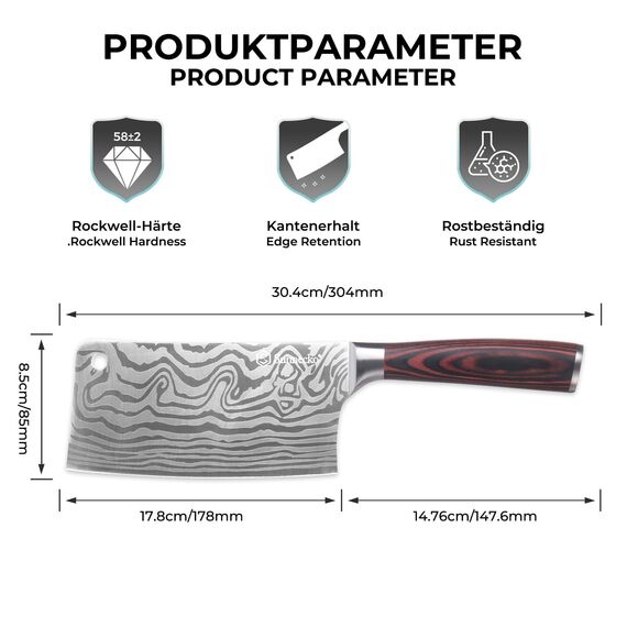 Sunnecko 18cm Hackmesser Küchenbeil Küchenmesser Messer - Kochmesser Profi Messer aus Edelstahl Hackbeil Küchenmesser mit Pakkaholz Griff in Geschenkbox