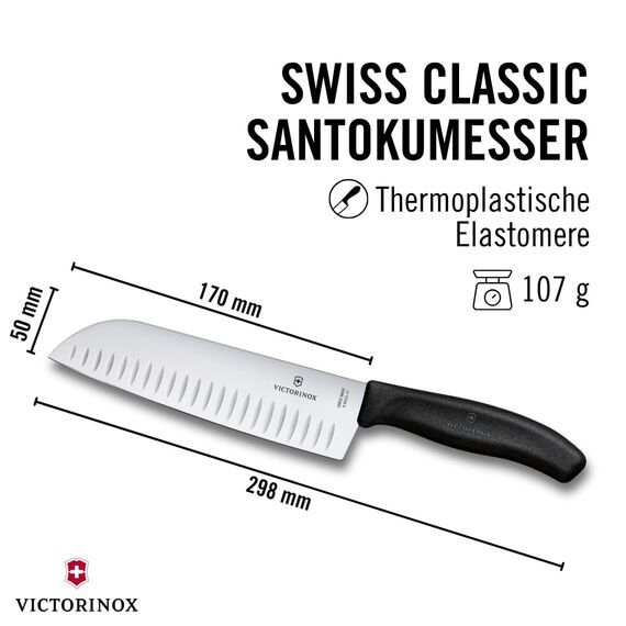 Victorinox Swiss Classic Santokumesser, Messer Asiatischer Art, Extra Scharfe Klinge, Kullenschliff, 17 cm, Rostfreier Stahl, Blister, Schwarz