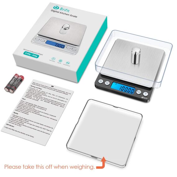 Brifit Feinwaage 0.01g, 500g / 0,01g Digitale Waage, Taschenwaage mit EIN 100g Edelstahl Kalibriergewicht, Küchenwaagen mit Tara-Funktion, PCS Funktion, 6 Einheiten Konvertierung (Schwarz)
