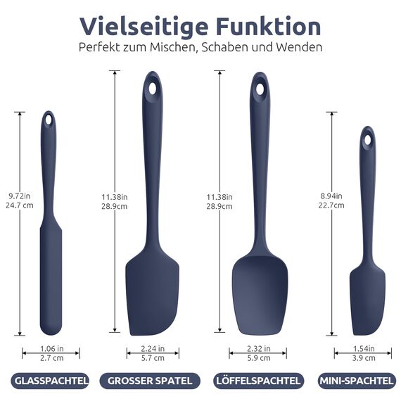 U-Taste Silikon Spatel & Teigschaber 4er Set, 315℃ Hitzebeständiger Antihaft-Gummispachtel Kuchenspatel, Nahtloses Einteiliges Design für Kochen Backen Mischen (Nachtblau)