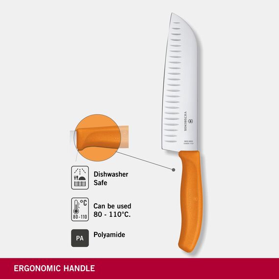 Victorinox Swiss Classic Santokumesser, Messer Asiatischer Art, Extra Scharfe Klinge, Kullenschliff, 17 cm, Rostfreier Stahl, Blister, Orange