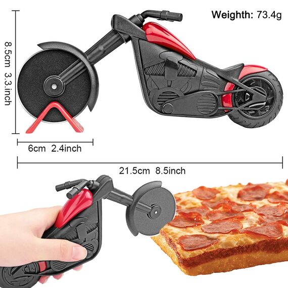 Motorrad Pizzaschneider, Lustige Pizza Schneider Edelstahl Kunststoff Pizzaroller Pizzarad Pizzamesser, Pizza Cutter mit Scharfem Schneiderad & Ständer für Weihnachten Kreativ Geschenke (Rot)