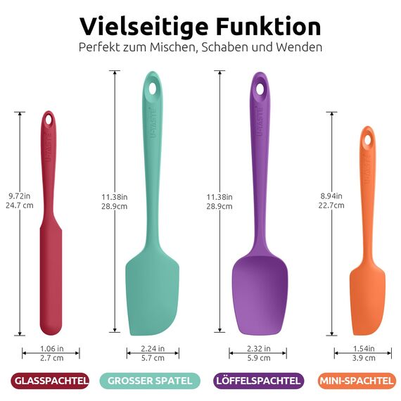 U-Taste 315 ℃ Hitzebeständige Silikonspatel, Antihaft-Gummi-Teigschaber, nahtloses einteiliges Design zum Kochen, Backen, Mischen (4 Stück, Bunt)