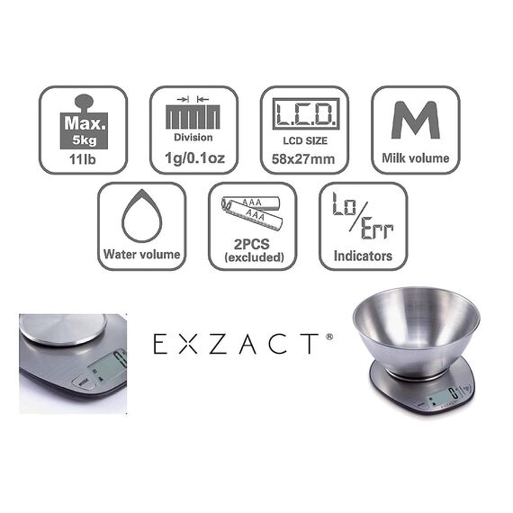 EXZACT Digitale Küchenwaage Edelstahl - Elektronische Kochwaage mit Abnehmbarer Schüssel zum Backen und Kochen - Tara-Funktion - Max 5 kgs - küchenwaage mit schüssel