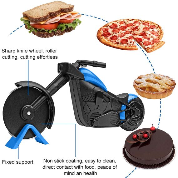 Motorrad Pizzaschneider, Lustige Pizza Schneider Edelstahl Kunststoff Pizzaroller Pizzarad Pizzamesser, Pizza Cutter mit Scharfem Schneiderad & Ständer für Weihnachten Geburtstag Geschenke (Blau)
