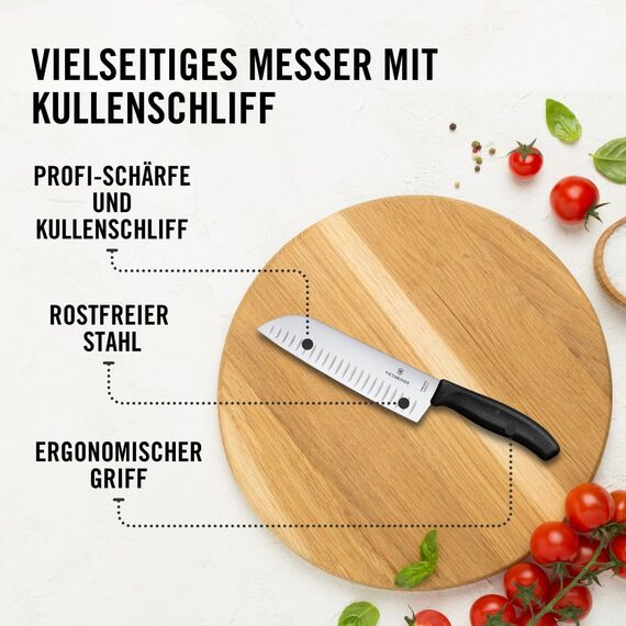 Victorinox Swiss Classic Santokumesser, Messer Asiatischer Art, Extra Scharfe Klinge, Kullenschliff, 17 cm, Rostfreier Stahl, Blister, Schwarz