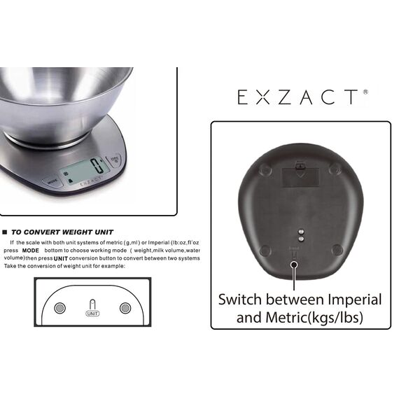 EXZACT Digitale Küchenwaage Edelstahl - Elektronische Kochwaage mit Abnehmbarer Schüssel zum Backen und Kochen - Tara-Funktion - Max 5 kgs - küchenwaage mit schüssel