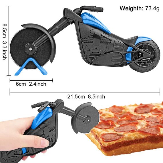 Motorrad Pizzaschneider, Lustige Pizza Schneider Edelstahl Kunststoff Pizzaroller Pizzarad Pizzamesser, Pizza Cutter mit Scharfem Schneiderad & Ständer für Weihnachten Geburtstag Geschenke (Blau)