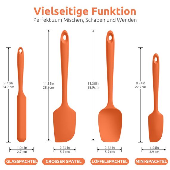 U-Taste Silikon Spatel & Teigschaber 4er Set, 315℃ Hitzebeständiger Antihaft-Gummispachtel Kuchenspatel, Nahtloses Einteiliges Design für Kochen Backen Mischen (Orange)
