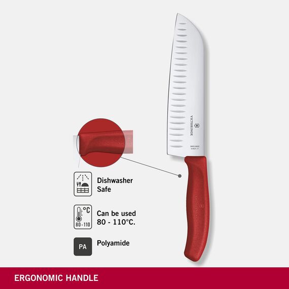 Victorinox Swiss Classic Santokumesser, Messer Asiatischer Art, Extra Scharfe Klinge, Kullenschliff, 17 cm, Rostfreier Stahl, Blister, Rot