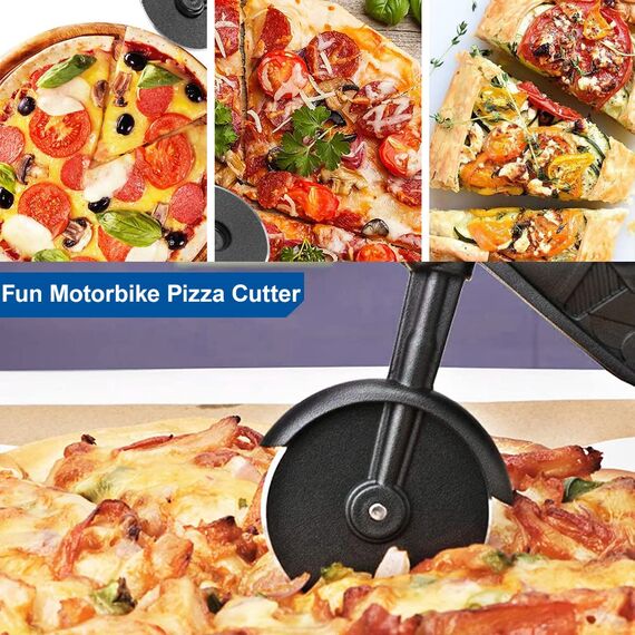 Motorrad Pizzaschneider, Lustige Pizza Schneider Edelstahl Kunststoff Pizzaroller Pizzarad Pizzamesser, Pizza Cutter mit Scharfem Schneiderad & Ständer für Weihnachten Geburtstag Geschenke (Blau)