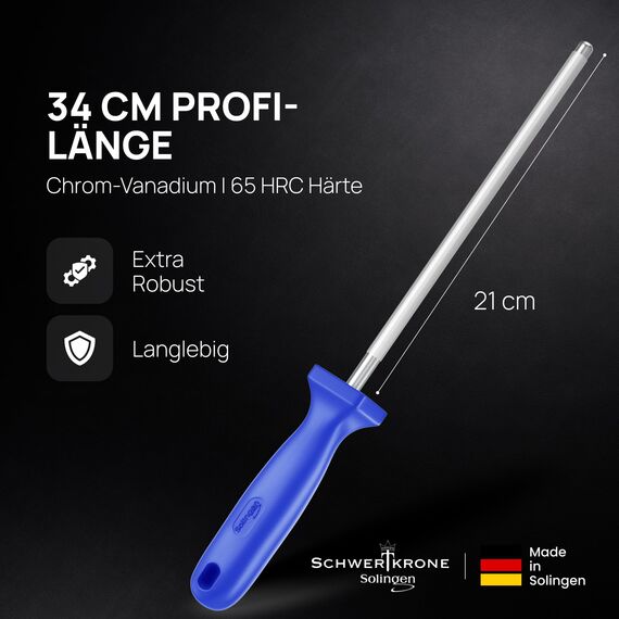 SCHWERTKRONE® Wetzstahl für Messer [MADE IN SOLINGEN - GERMANY] - Messerschärfer Stab - Wetzstab Messerstahl - Messerschärfer Knife Sharpener - Höchste Qualtiät für Profis (Chrom Vanadium) - 34cm BLAU