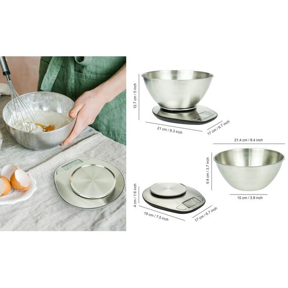 EXZACT Digitale Küchenwaage Edelstahl - Elektronische Kochwaage mit Abnehmbarer Schüssel zum Backen und Kochen - Tara-Funktion - Max 5 kgs - küchenwaage mit schüssel