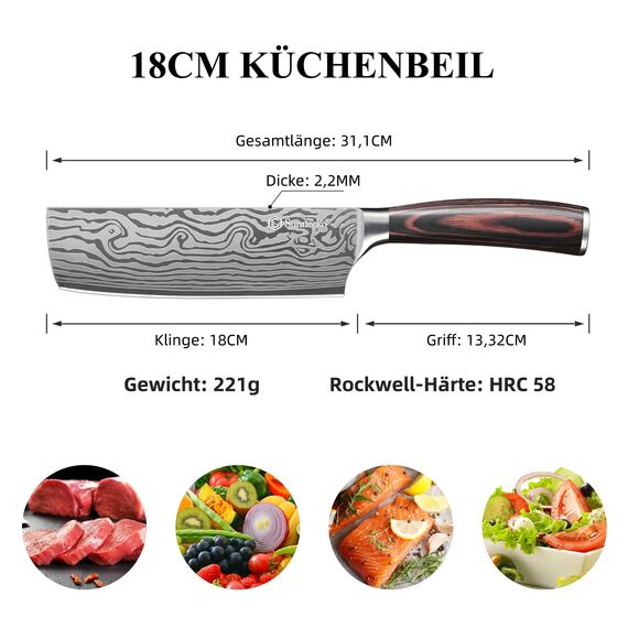 Sunnecko 18cm Küchenbeil Messer Küchenmesser - Klein Hackmesser Hackbeil Küchenmesser Kochmesser Profi Messer Edelstahl mit Pakkaholz Griff in Geschenkbox, Chang Serie