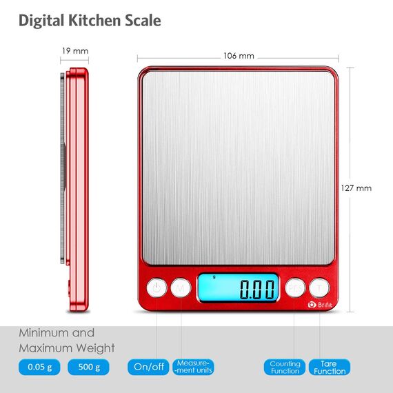 Brifit Taschenwaage 0,01g, Feinwaage 500g/0,01g Digitalwaage, Briefwaage, Grammwaage, mit EIN 100g Edelstahl Kalibriergewicht, PCS Funktion, Tara-Funktion, 6 Einheiten Konvertierung, Auto-Off (Rot)