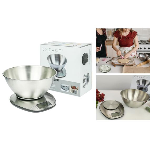 EXZACT Digitale Küchenwaage Edelstahl - Elektronische Kochwaage mit Abnehmbarer Schüssel zum Backen und Kochen - Tara-Funktion - Max 5 kgs - küchenwaage mit schüssel