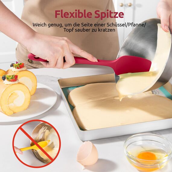 U-Taste Silikon Spatel & Teigschaber 4er Set, 315℃ Hitzebeständiger Antihaft-Gummispachtel Kuchenspatel, Nahtloses Einteiliges Design für Kochen Backen Mischen (Rot)