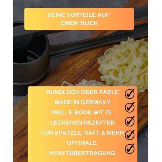 Thiru Spätzlepresse - Testsieger 2024-60 Tage risikofrei testen - Kartoffelpresse mit Auflagerasten & Schaumlöffel - Ideal für Spätzle, Kartoffeln, Säfte - Made in Germany - inkl. E-Book