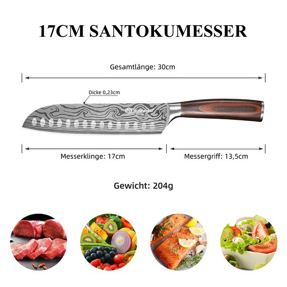 Sunnecko 17cm Santoku Messer Küchenmesser Kochmesser - Kochmesser Profi Messer Japanisches Messer Scharf Küchenmesser Allzweckmesser Küche Chef Knife