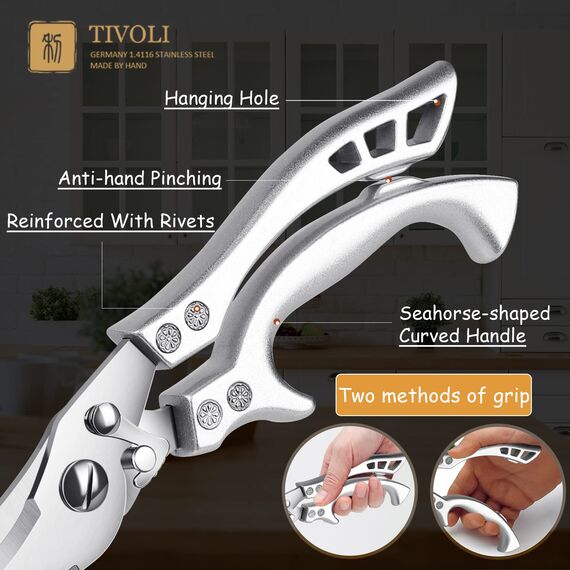 TIVOLI Geflügelschere Küchenschere Profi Haushaltsschere Metallgriff, Schere Küche Scharfe Edelstahl Knochenschere mit Sicherheitsschloss Federmechanismus,Allzweckschere für Fleisch,Fisch (Modern)