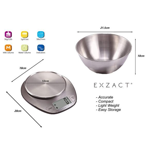 EXZACT Digitale Küchenwaage Edelstahl - Elektronische Kochwaage mit Abnehmbarer Schüssel zum Backen und Kochen - Tara-Funktion - Max 5 kgs - küchenwaage mit schüssel