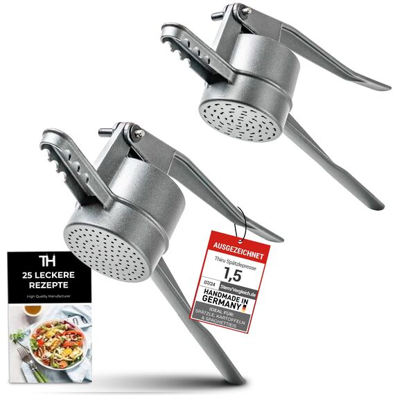 Thiru Spätzlepresse Kombipack - Klassische Spätlze & Knöpfle (Rundloch) - Testsieger 2024-60 Tage risikofrei testen - Kartoffelpresse mit Auflagerasten & Schaumlöffel - Made in Germany