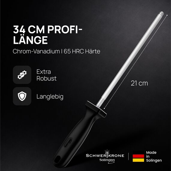 SCHWERTKRONE® Wetzstahl für Messer [MADE IN SOLINGEN - GERMANY] - Messerschärfer Stab - Wetzstab Messerstahl - Messerschärfer Knife Sharpener - Höchste Qualtiät für Profis (Chrom Vanadium) - 34cm