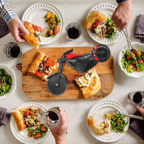 Motorrad Pizzaschneider, Lustige Pizza Schneider Edelstahl Kunststoff Pizzaroller Pizzarad Pizzamesser, Pizza Cutter mit Scharfem Schneiderad & Ständer für Weihnachten Kreativ Geschenke (Rot)