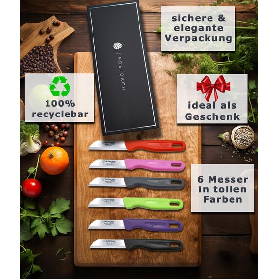 Solingen / Edelbach / 6x Küchenmesser Set / Made in Germany Messer Set gerade Klinge, Allzweckmesser, Obstmesser, Gemüsemesser, Schälmesser, sehr scharf, Küchen Messer, Geschenk