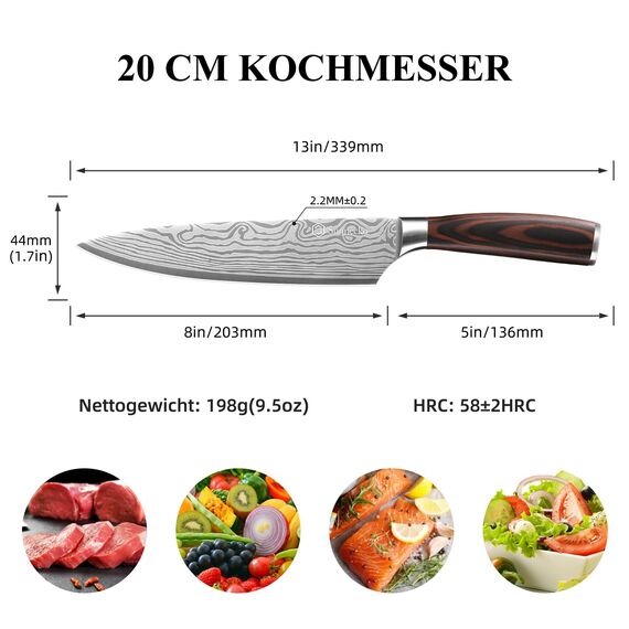 Sunnecko 20cm Messer Küchenmesser Kochmesser - Küchenmesser Profi Messer Scharfes Chefmesser Edelstahl Fleischmesser mit Pakkaholz Griff Allzweckmesser Scharf Klinge mit Geschenkbox für Weihnachten