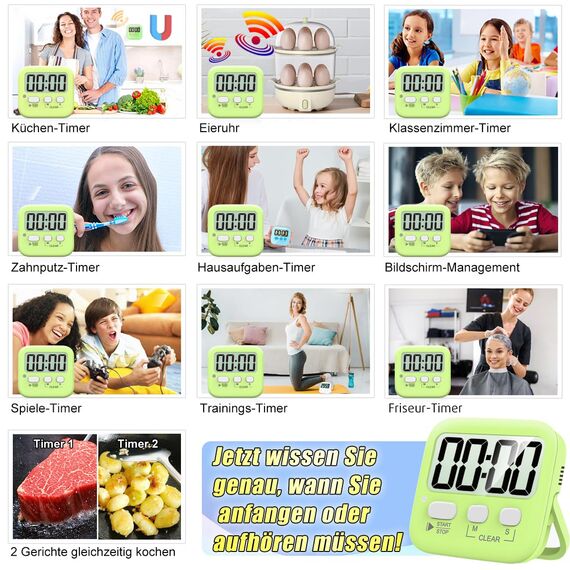 Antonki 2 Stück Timer, Digitaler Küchentimer zum Kochen, Eieruhr, Magnetisch Stoppuhr Timer für Kinder, Lehrer, Klassenzimmer, Übung, Badezimmer, Backofen, Backen-Inklusive Batterie