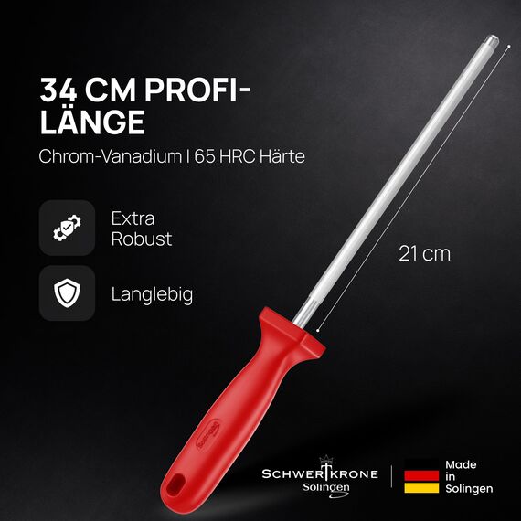 SCHWERTKRONE® Wetzstahl für Messer [MADE IN SOLINGEN - GERMANY] - Messerschärfer Stab - Wetzstab Messerstahl - Messerschärfer Knife Sharpener - Höchste Qualtiät für Profis (Chrom Vanadium) - 34cm ROT