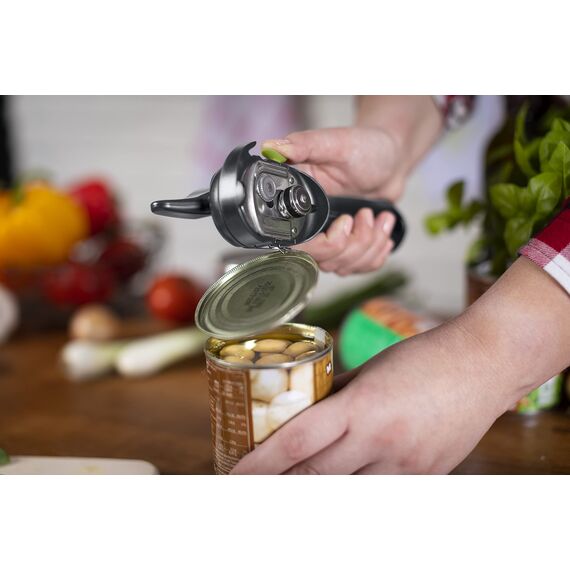 KUHN RIKON Auto Safety Dosenöffner grau, Sicherheitsdosenöffner, keine scharfen Kanten, fasst automatisch den Rand der Dose, sauber und sicher, 5.8 x 9 x 18.5 cm