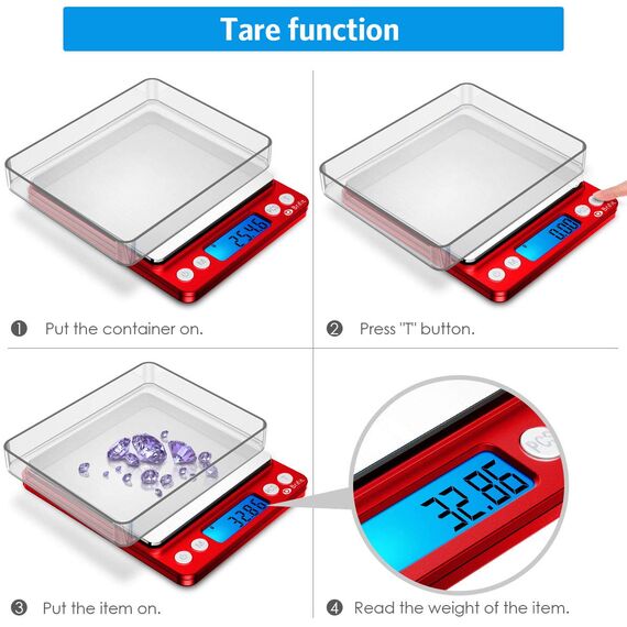 Brifit Taschenwaage 0,01g, Feinwaage 500g/0,01g Digitalwaage, Briefwaage, Grammwaage, mit EIN 100g Edelstahl Kalibriergewicht, PCS Funktion, Tara-Funktion, 6 Einheiten Konvertierung, Auto-Off (Rot)