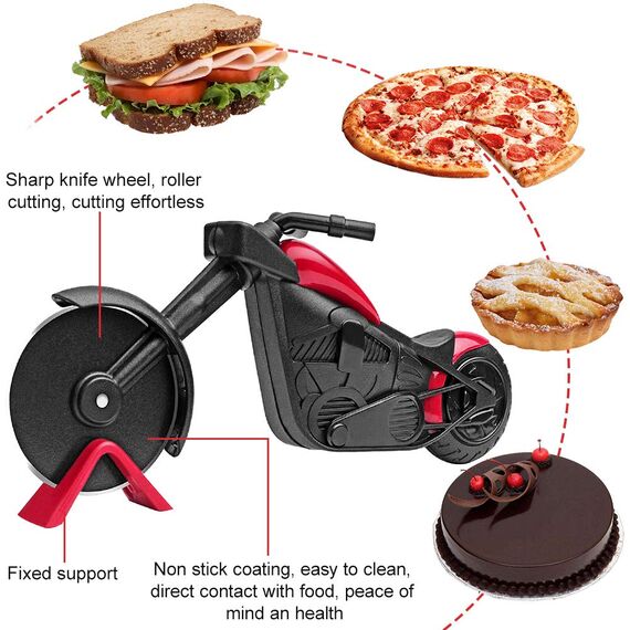 Motorrad Pizzaschneider, Lustige Pizza Schneider Edelstahl Kunststoff Pizzaroller Pizzarad Pizzamesser, Pizza Cutter mit Scharfem Schneiderad & Ständer für Weihnachten Kreativ Geschenke (Rot)