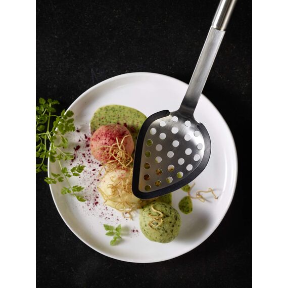 RÖSLE Multifunktionslöffel Silikon, Hochwertiger Universallöffel mit Silikonrand und Rundgriff, Edelstahl 18/10, spülmaschinengeeignet, 35 x 8 x 6 cm, Silberfarben/Schwarz