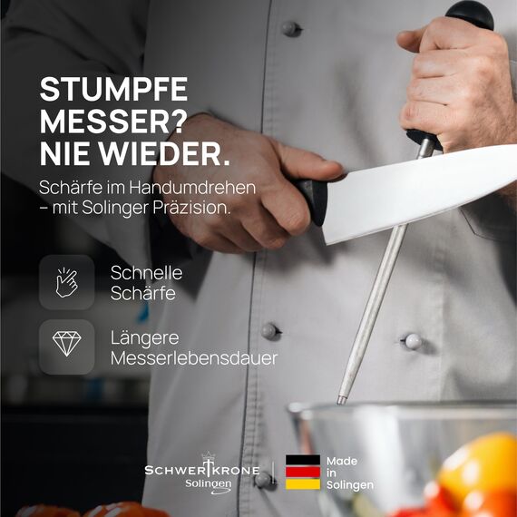 SCHWERTKRONE® Wetzstahl für Messer [MADE IN SOLINGEN - GERMANY] - Messerschärfer Stab - Wetzstab Messerstahl - Messerschärfer Knife Sharpener - Höchste Qualtiät für Profis (Chrom Vanadium) - 34cm