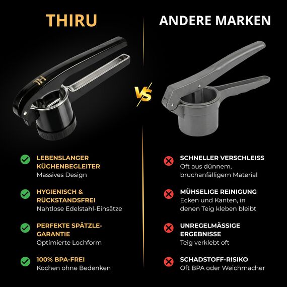 Thiru Spätzlepresse & Kartoffelpresse aus Kunststoff – 3 Edelstahl-Einsätze für Spätzle, Spaghetti-Eis, Kartoffelpüree 60 Tage risikofrei testen – sicherer Topf-Halt – spülmaschinengeeignet